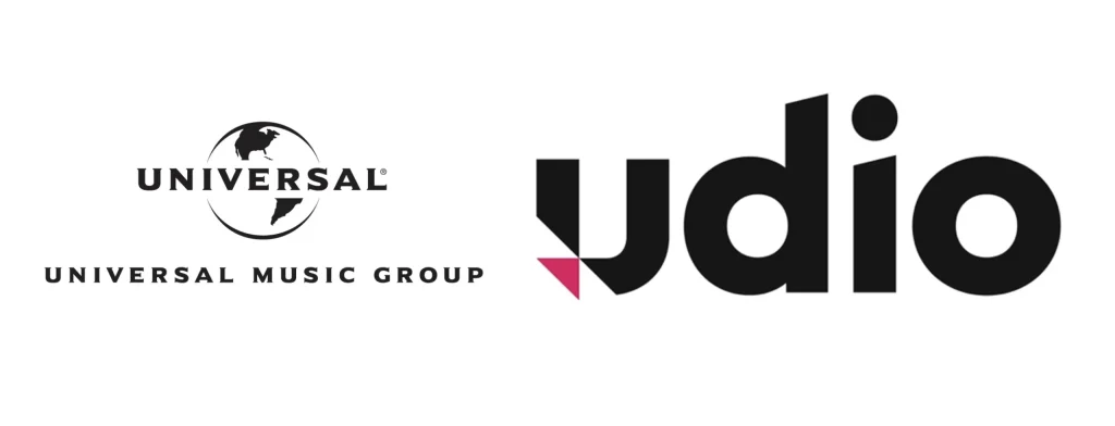 Udio and Universal Music Group logos shown side by side to highlight their partnership.