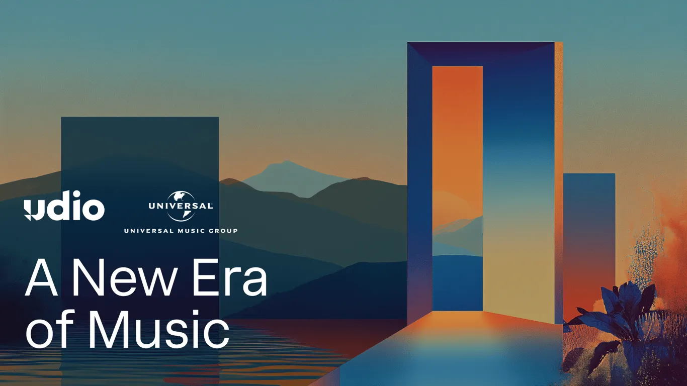 Udio and Universal Music Group partnership artwork showing an open doorway with a colorful sunset landscape.
