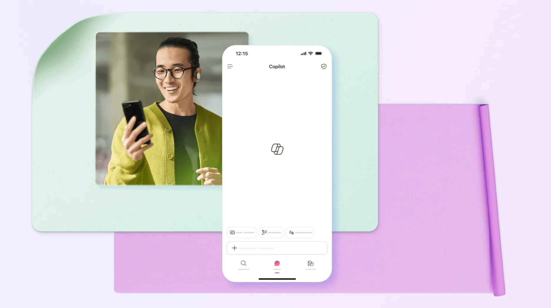 Person smiling while using the Microsoft 365 Copilot app on a smartphone, displayed alongside the app interface on screen.