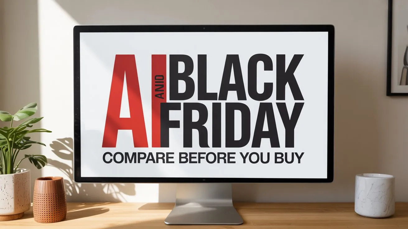 ai and black friday headline on a desktop monitor with “compare before you buy” message in a simple home office scene