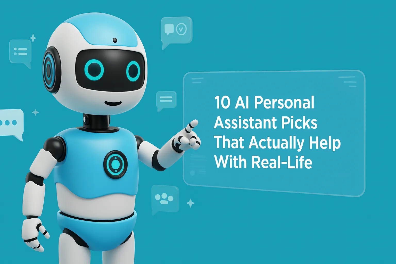 3D robot mascot pointing at the article title about ai personal assistant picks that help with real-life tasks on a teal background