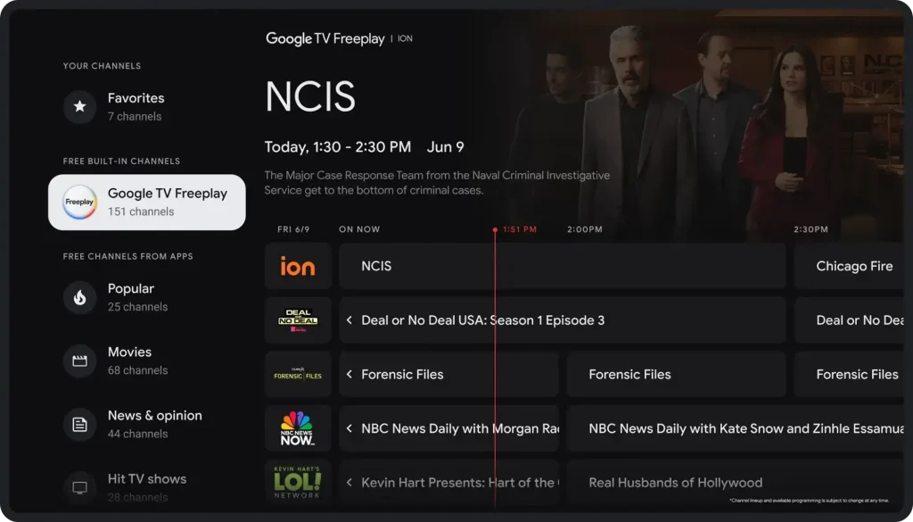 Gemini for TV live TV view on Google TV Freeplay showing NCIS and a list of free channels.