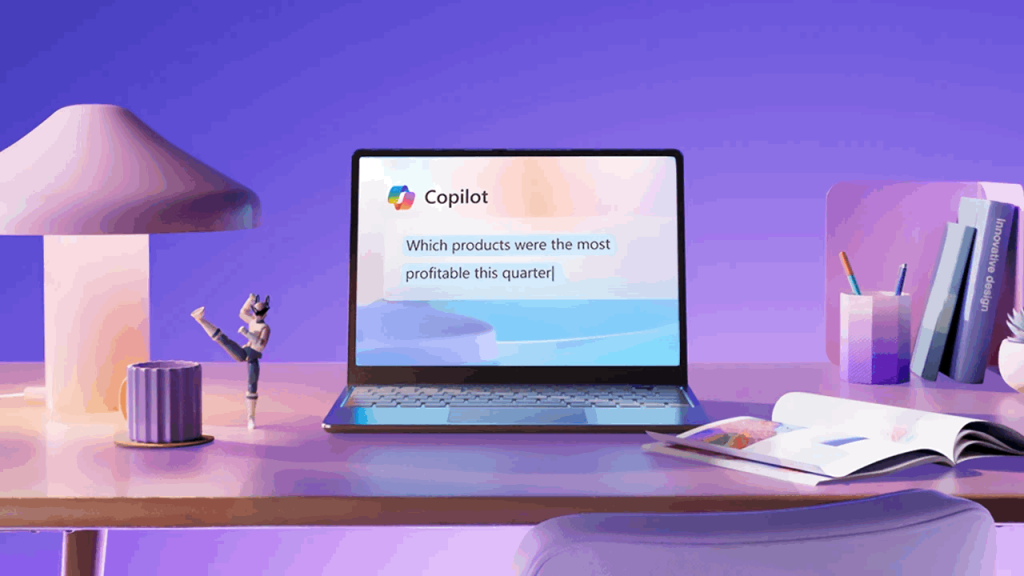 how to use microsoft copilot on a laptop to analyze which products were most profitable this quarter, shown on a desk with books, a mug, and a lamp