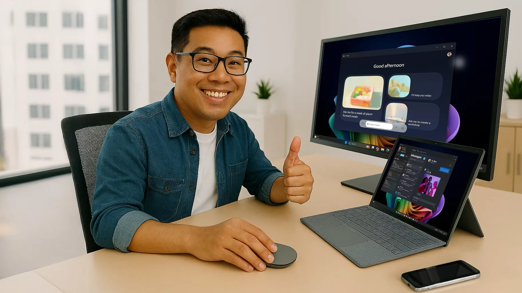 how to use microsoft copilot shown by a person giving a thumbs up while working at a desk with a laptop and monitor displaying Copilot features