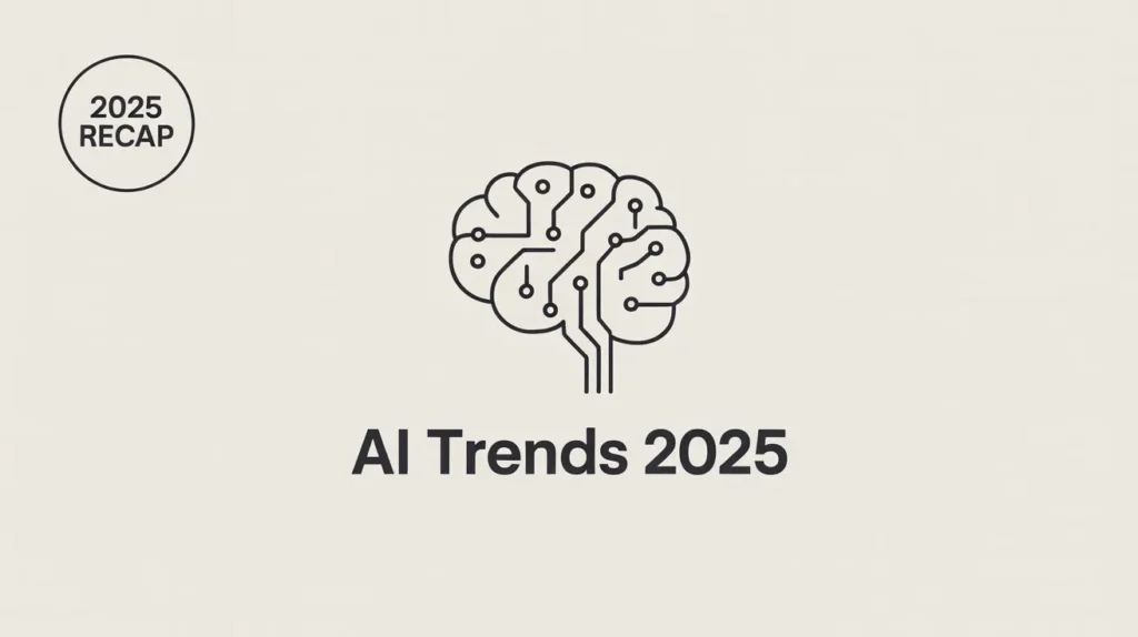 AI Trends 2025 conclusion graphic with a circuit-style brain icon, a “2025 RECAP” badge, and the text “AI Trends 2025” on a clean beige background.