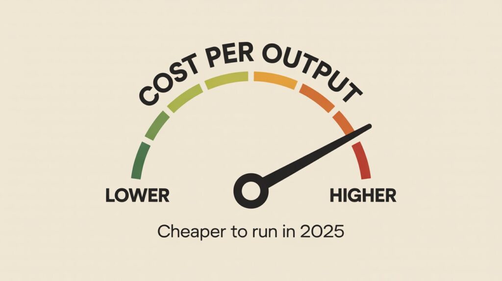 AI Trends 2025 cost graphic showing a gauge labeled “COST PER OUTPUT” with “LOWER” and “HIGHER” markers and the caption “Cheaper to run in 2025.”