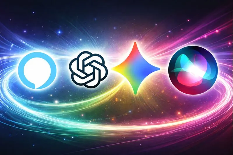 Alexa+ alongside ChatGPT, Google Gemini, and Apple Siri displayed in a creative 16:9 image with glowing, interconnected light trails representing the AI assistant ecosystem.