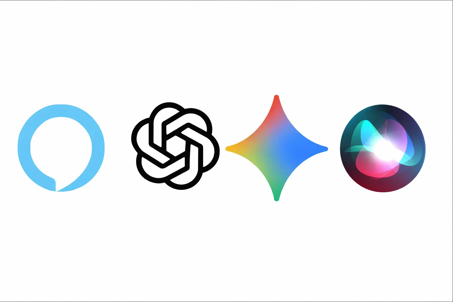 Alexa+ compared with ChatGPT, Google Gemini, and Apple Siri shown as four AI assistant logos aligned side by side on a clean white 16:9 background.