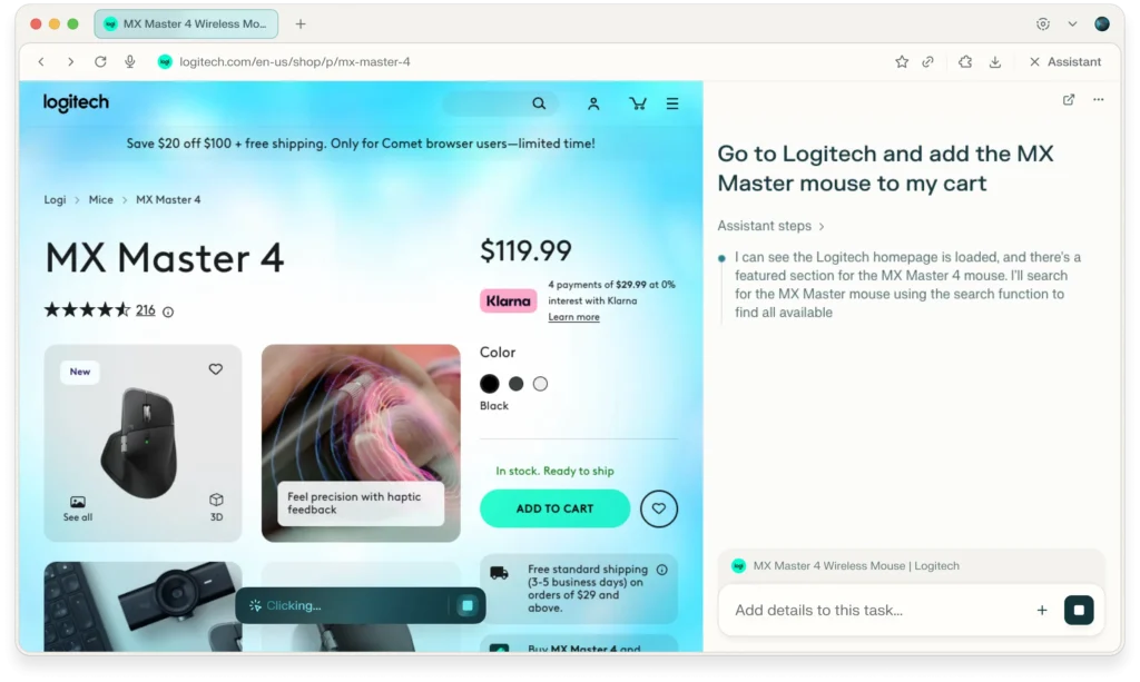 Comet Assistant helping a user add the Logitech MX Master 4 mouse to the cart on a website