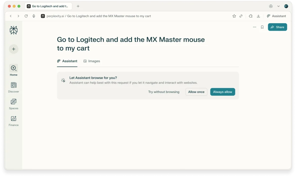 Comet Assistant prompt asking the user to allow browsing to add the MX Master mouse to cart on a webpage