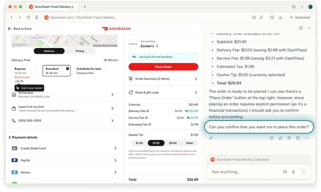 Comet Assistant confirming a DoorDash food order checkout request before placing the order