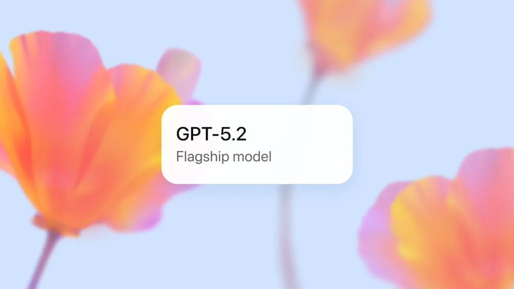 GPT-5.2 flagship model label displayed on a soft gradient background with abstract floral shapes, representing OpenAI’s latest core model update.