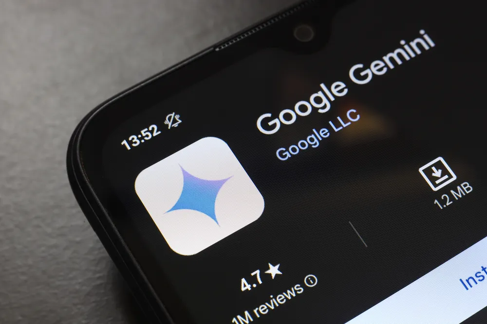 Google Gemini app listing displayed on a smartphone screen, shown alongside Alexa+ in a comparison of leading AI assistant platforms.