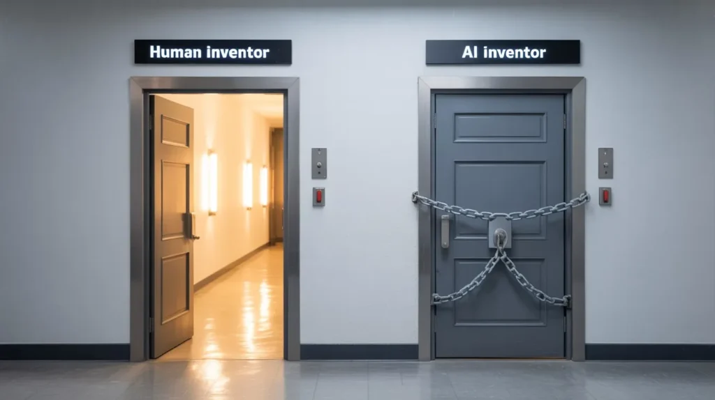 Contrast between human inventors and ai-assisted inventions shown through two doors, one open for human inventors and another locked and chained for AI inventors.