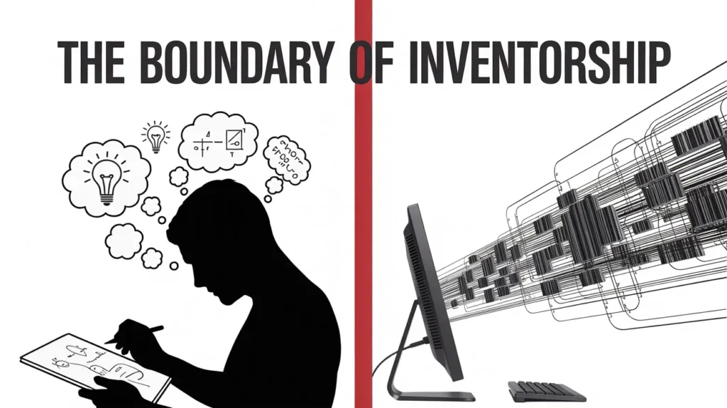 Illustration comparing human creativity to machine-generated output, showing the boundary of inventorship as it relates to ai-assisted inventions.