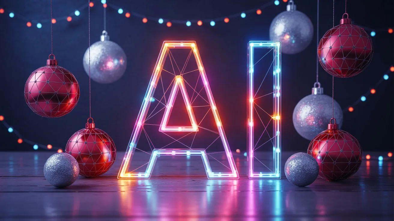 AI Christmas digital art with glowing geometric ornaments hanging above bright polygon letters “AI” on a dark background