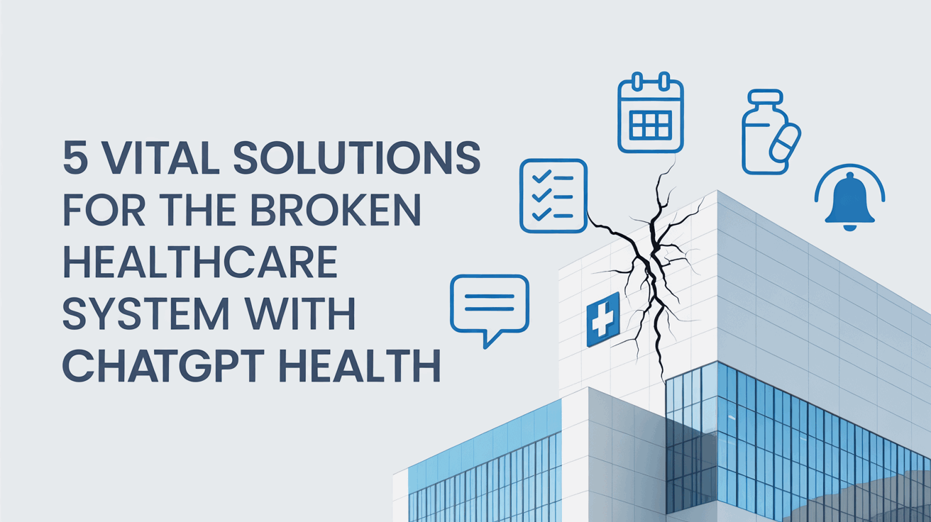 Hero image for ChatGPT Health showing a cracked hospital building with calendar, pill, checklist, chat, and reminder icons.