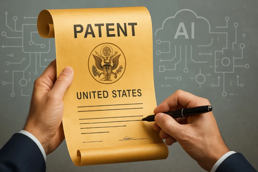 AI-Assisted Inventions image showing a person holding and signing a United States patent document, with subtle AI circuit graphics in the background.
