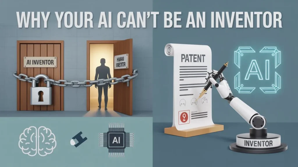 AI-Assisted Inventions illustration explaining why AI cannot be an inventor, showing a locked door labeled “Inventor” with a human silhouette and a robotic arm interacting with a patent document.