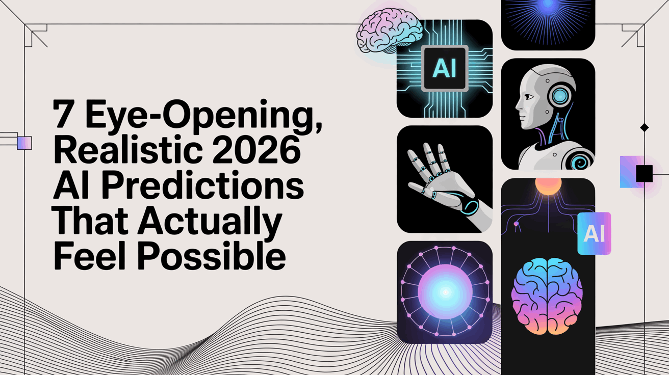 Hero graphic for AI predictions: “7 Eye-Opening, Realistic 2026 AI Predictions That Actually Feel Possible,” with AI icons (chip, robot, robotic hand, glowing orb, brain) on the right.