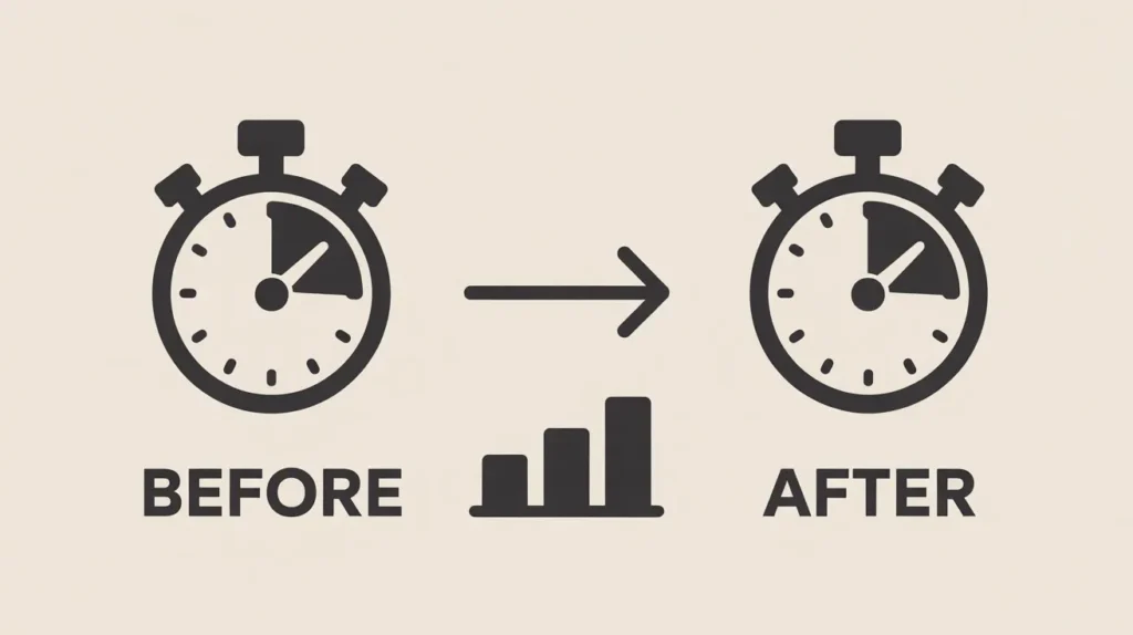 Before-and-after stopwatch icons with an arrow and rising bar chart, representing AI predictions about saving time and improving results.