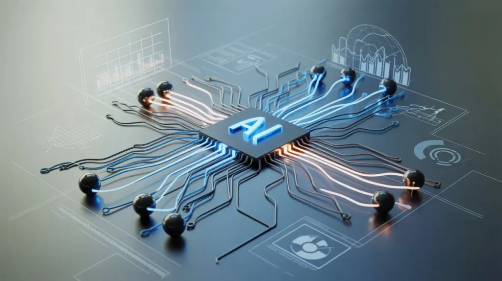 Glowing “AI” chip with branching data lines and analytics graphics, illustrating AI predictions about smarter everyday software.