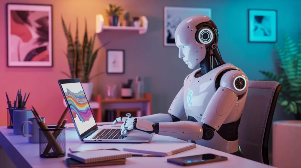 Humanoid robot typing on a laptop in a modern home office, illustrating AI predictions about AI handling more everyday work tasks.