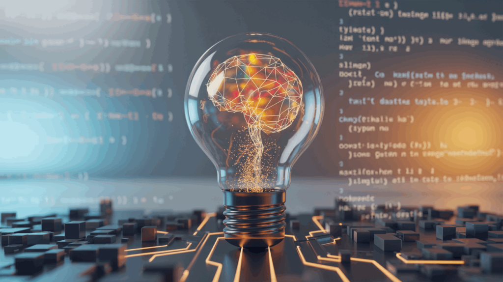 AI-Assisted Inventions concept image of a glowing wireframe brain inside a glass light bulb, floating above a circuit-board surface with blurred programming code in the background.
