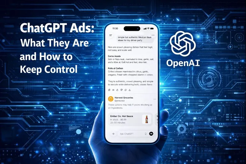ChatGPT Ads hero image with a hand holding an iPhone-style chat screen showing a labeled “Sponsored” product card, plus OpenAI branding over a blue tech circuit background.