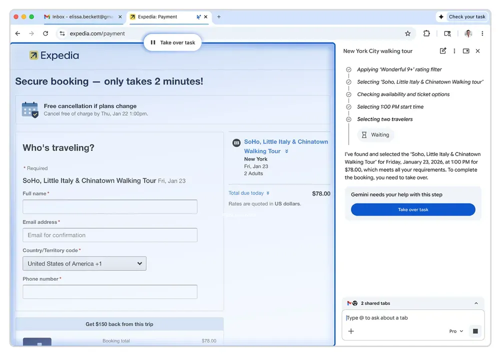 Chrome browser on Expedia’s payment page with traveler details form on the left and a Gemini Side Panel on the right showing a “New York City walking tour” task checklist and a “Take over task” button.