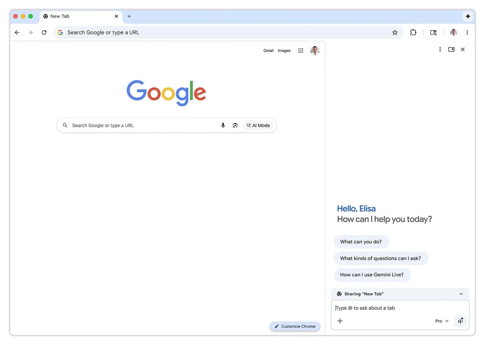 Chrome New Tab page with Google search bar on the left and the Gemini Side Panel on the right showing “Hello, Elisa,” suggested questions, and a message box indicating the “New Tab” is being shared.