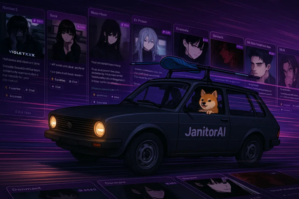 Janitor AI-themed illustration of a Shiba Inu driving a dark hatchback with “JanitorAI” on the door, cruising through a purple neon scene with floating character chat cards in the background.