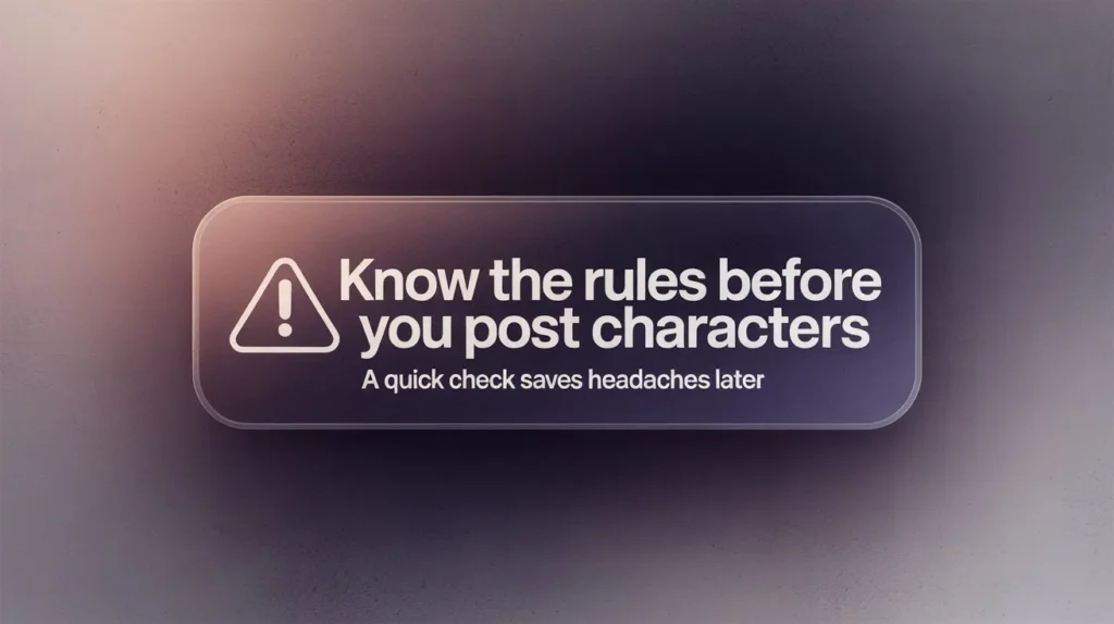 Janitor AI warning-style hero banner with a triangle alert icon and the message “Know the rules before you post characters” on a soft purple-to-gray gradient background.