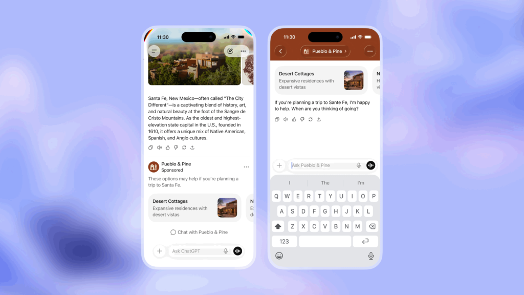 ChatGPT Ads example on two iPhone-style screens showing a travel chat answer and a clearly labeled “Sponsored” card for Pueblo & Pine on a soft purple background.
