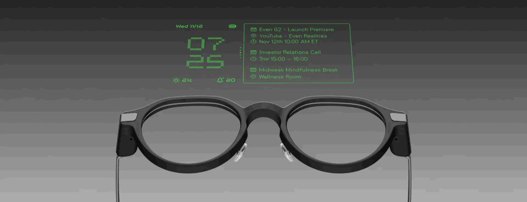 AI Wearables smart glasses with green augmented reality dashboard showing calendar events, weather, and time overlay above the lenses.