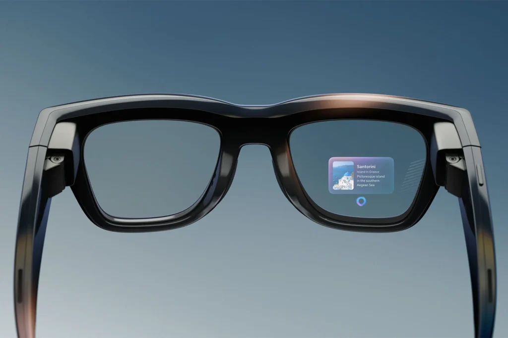 AI Wearables smart glasses close-up showing augmented display interface inside the lens with destination card overlay and integrated camera hardware.