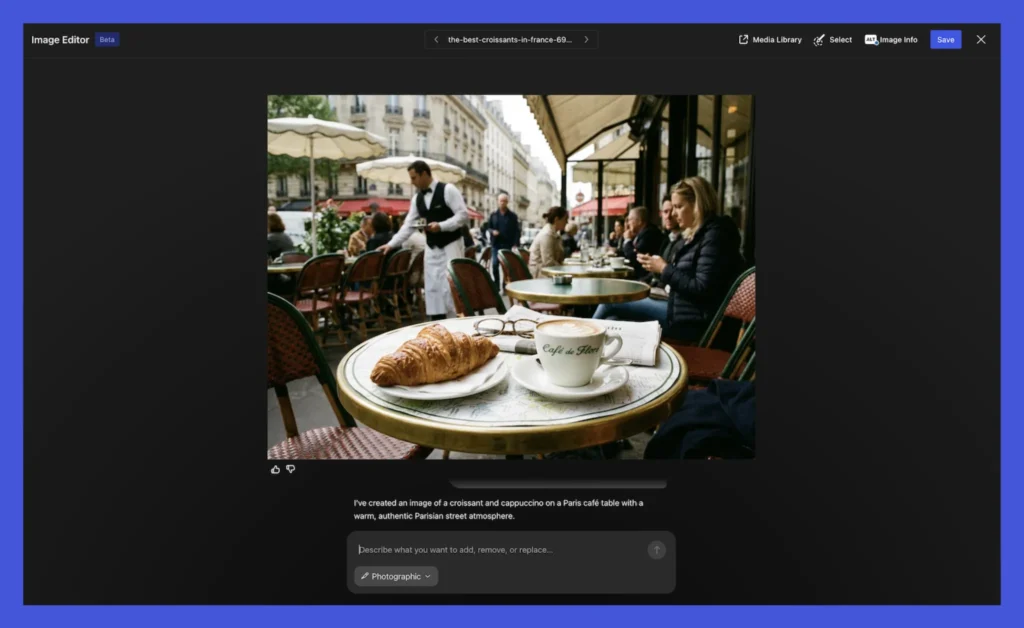 WordPress image editor showing a built-in AI assistant generating a Paris café scene with a croissant and coffee.