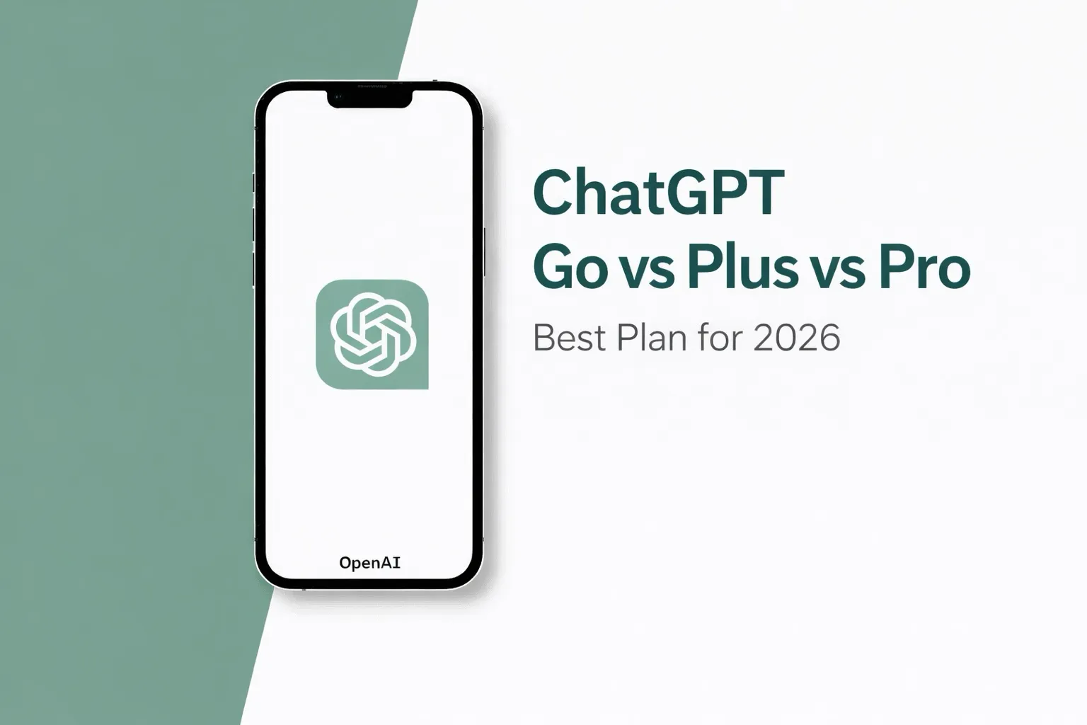Smartphone mockup displaying the ChatGPT logo on a split green and white background, used in a ChatGPT Go plan comparison graphic