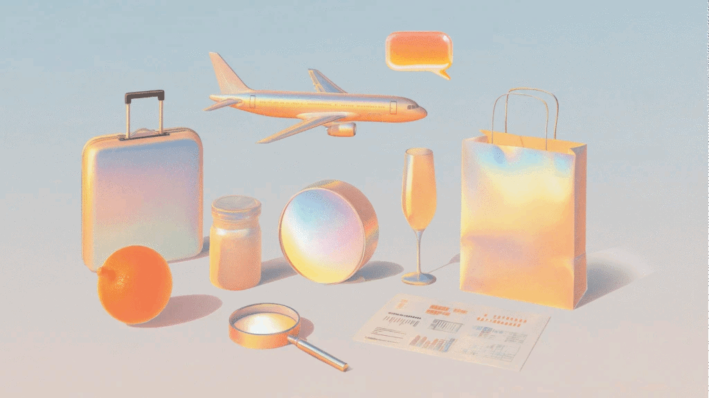 Copilot Tasks concept illustration featuring a suitcase, airplane, shopping bag, magnifying glass, and workflow elements representing background task automation.