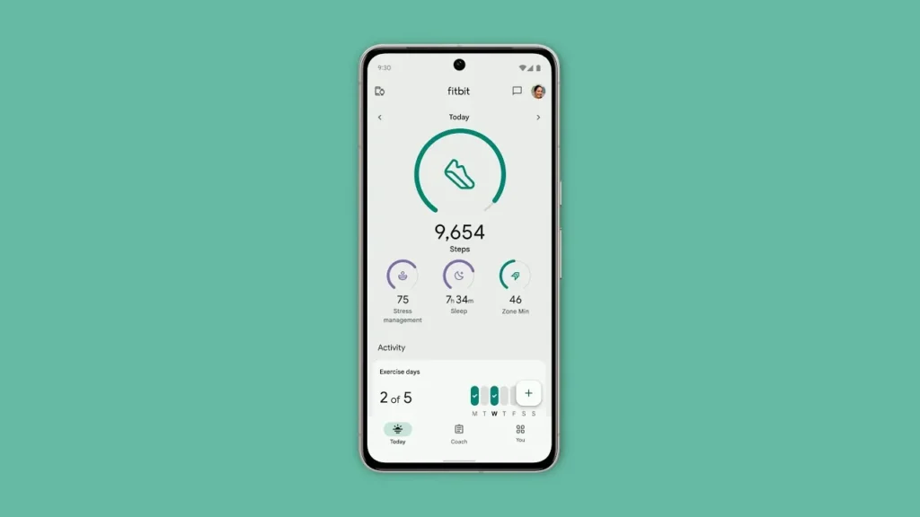 Fitbit AI app dashboard on a smartphone with daily steps, stress management, sleep duration, and activity tracking on a teal background.