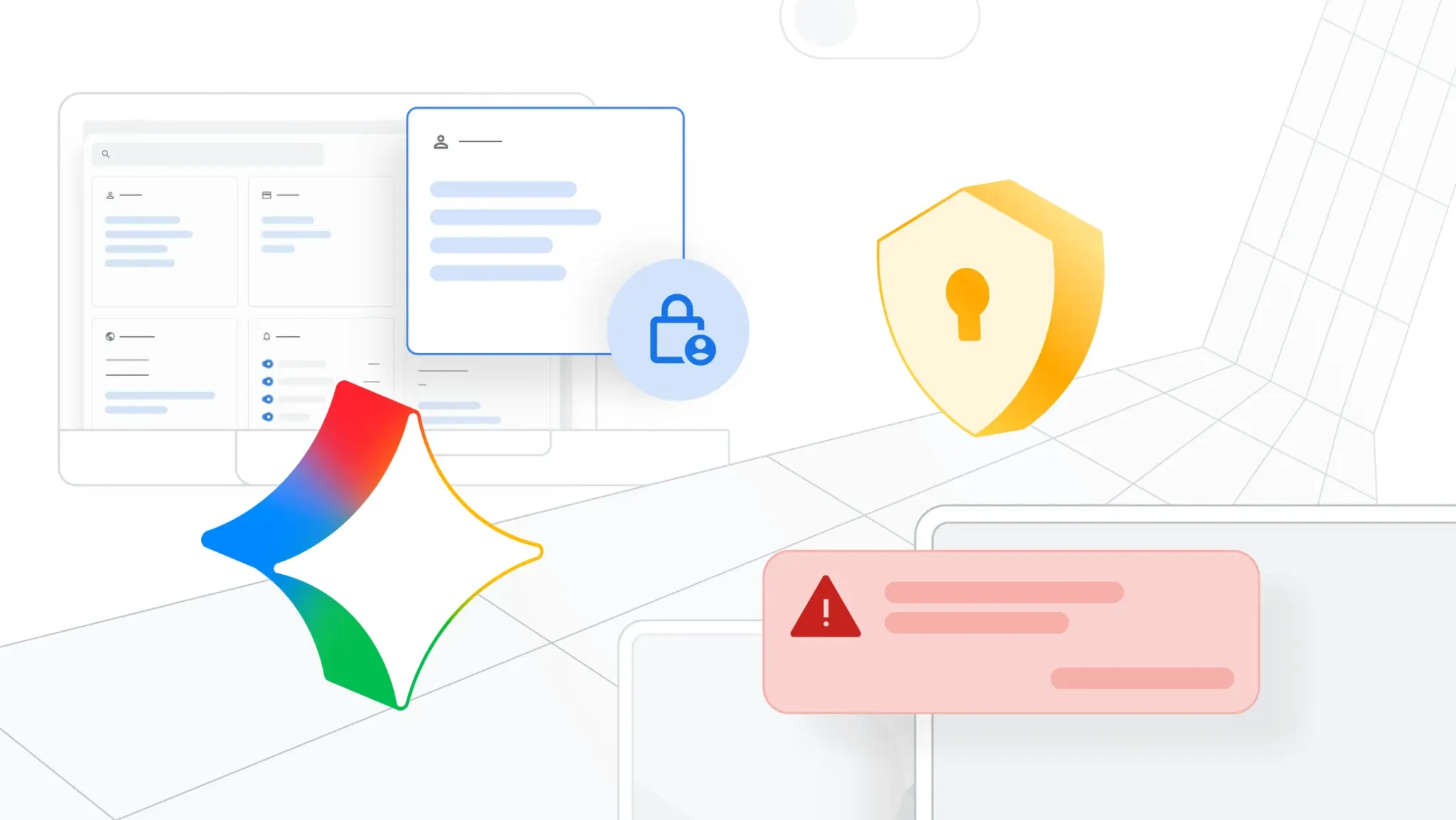 AI Detection visual showing Google Workspace security dashboard elements, alert notifications, and shield icons for school cyber protection.
