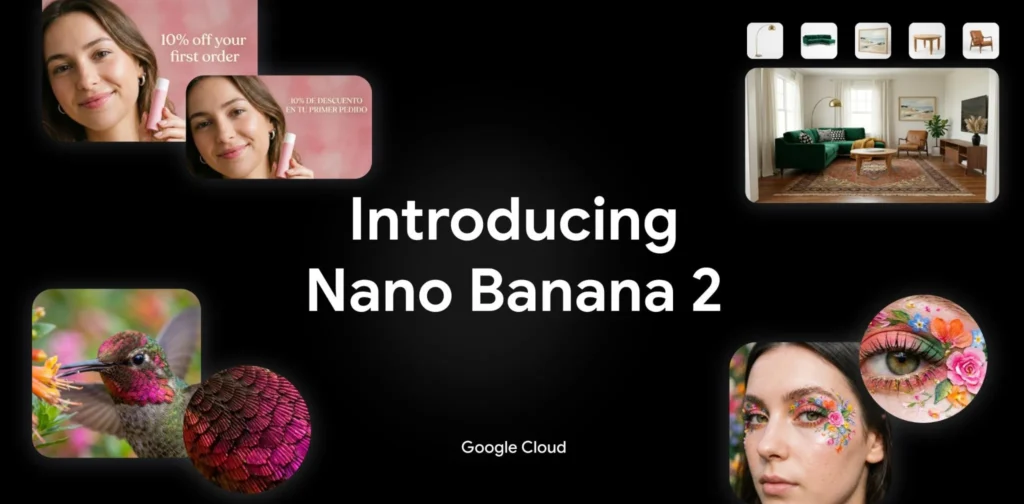 Nano Banana 2 launch graphic introducing the AI image model with examples of product ads, interior design, wildlife, and portrait artistry