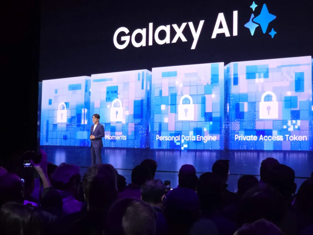 Samsung Galaxy AI presentation slide showing privacy features like Moments, Personal Data Engine, and Private Access Token as part of Galaxy AI security framework.