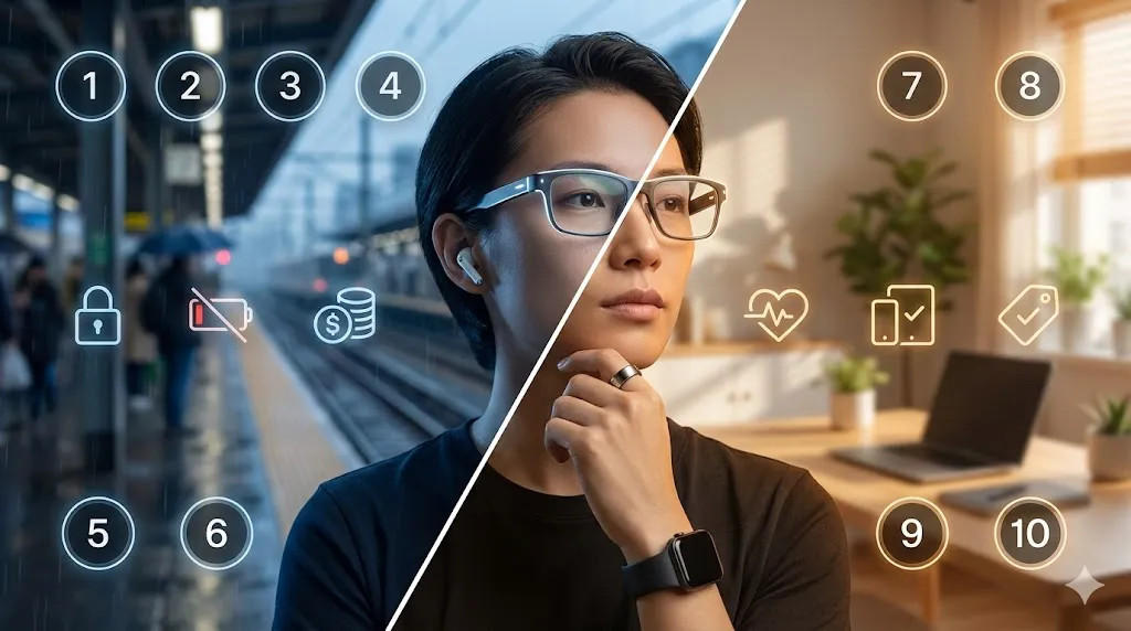 AI Wearables hero image showing a gender-neutral person wearing smart glasses, earbuds, smartwatch, and smart ring, with numbered markers 1–10 in circular badges against a split urban and home office background.