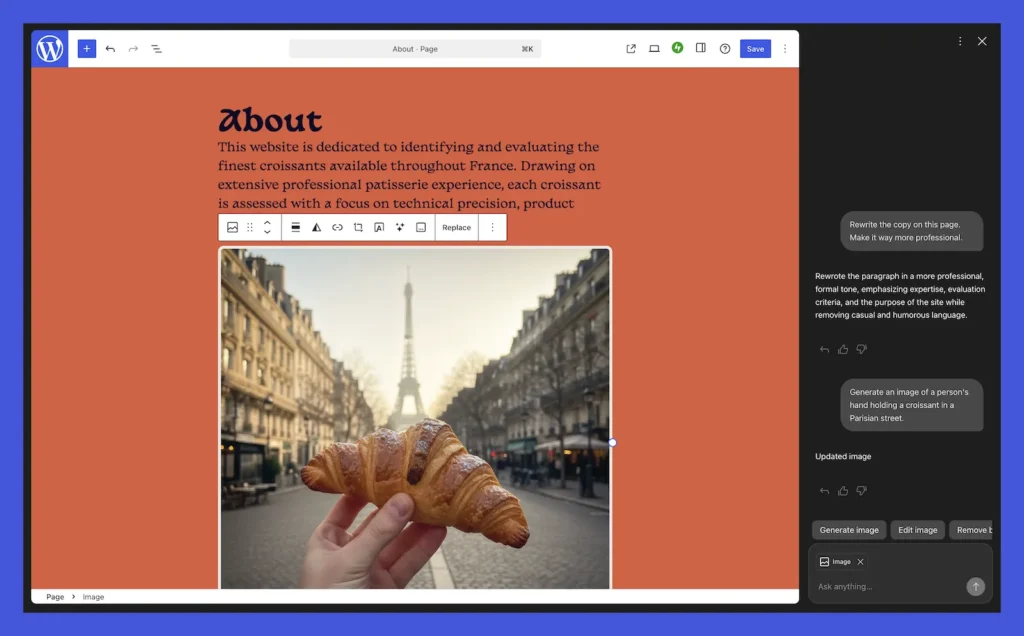 WordPress editor interface showing a built-in AI assistant rewriting page content and generating an image inside the dashboard.