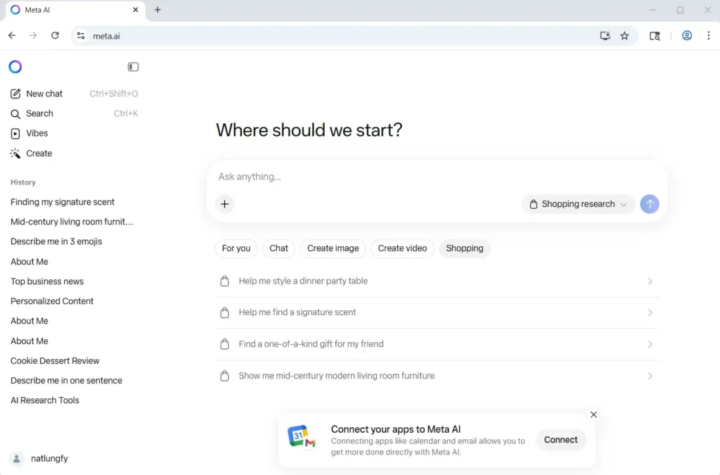 AI Shopping Tool screenshot showing the Meta AI web interface with Shopping research selected, suggested shopping prompts, and a search bar on the meta.ai homepage.