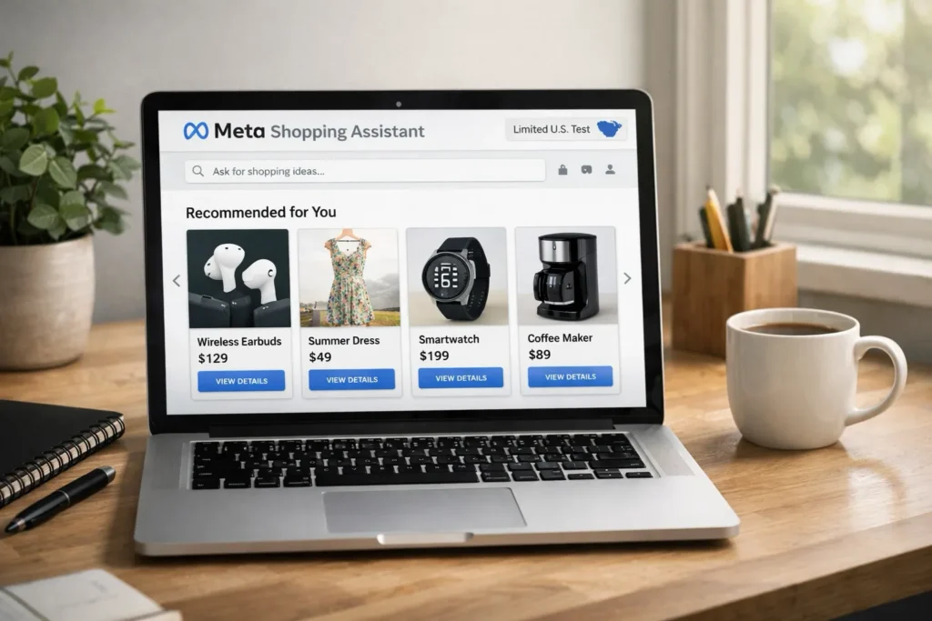AI Shopping Tool image showing a laptop on a desk with a Meta Shopping Assistant web interface, displaying product recommendations and a limited U.S. test label.