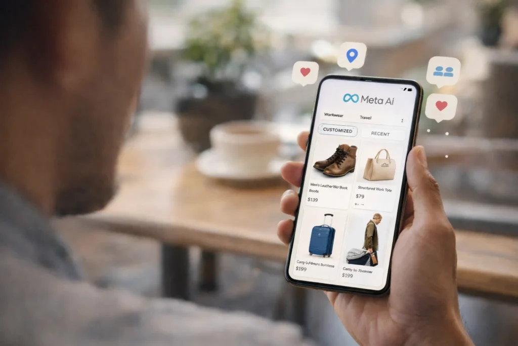 AI Shopping Tool image showing a person holding a phone with a Meta AI shopping interface, featuring personalized product recommendations for workwear and travel in a café setting.