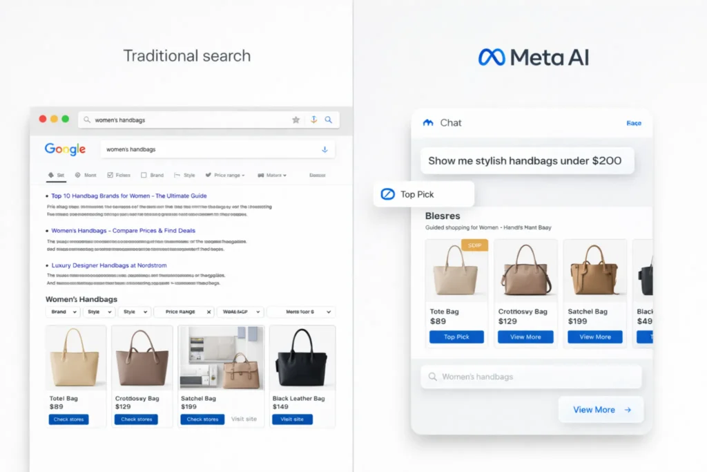 AI Shopping Tool comparison image showing traditional search results on the left and a Meta AI chat-based shopping interface with handbag recommendations on the right.