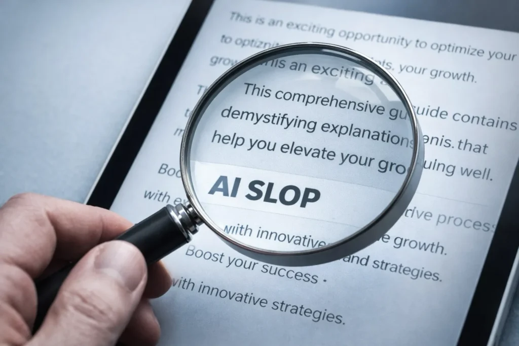 AI Slop concept showing a hand holding a magnifying glass over a tablet screen, revealing duplicated phrases, vague claims, and the words “AI Slop” hidden within polished-looking content.